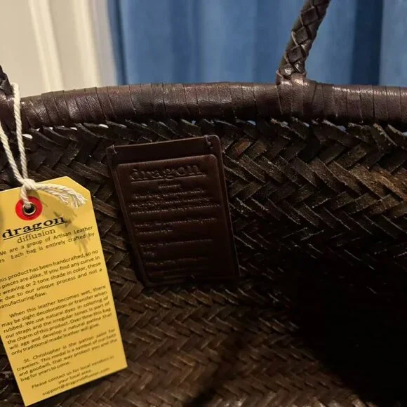 Dragon Diffusion Triple Jump Small Woven Leather Tote Dark Brown Basket Bag - Picture 7 of 11